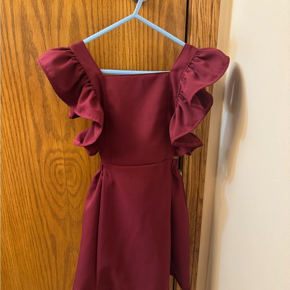 Burgundy ruffle suspenders dress